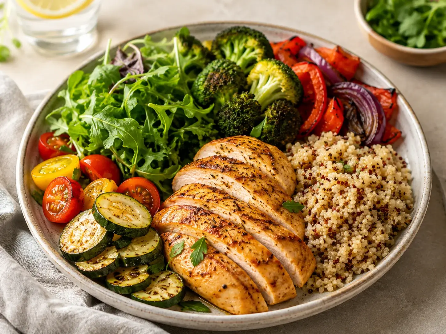 Balanced bowl with grilled chicken, quinoa, and roasted vegetables