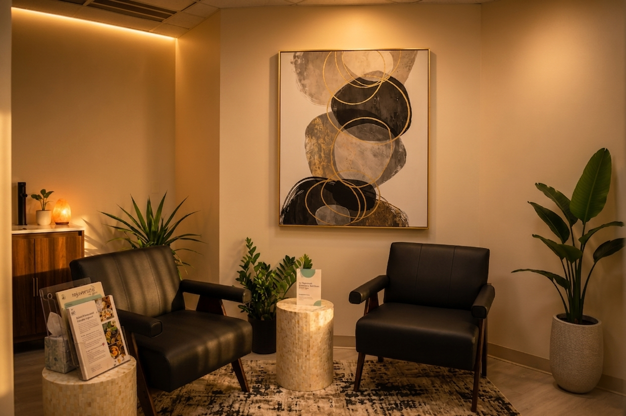ARC Wellness consultation lounge with leather seating, plants, and abstract wall art