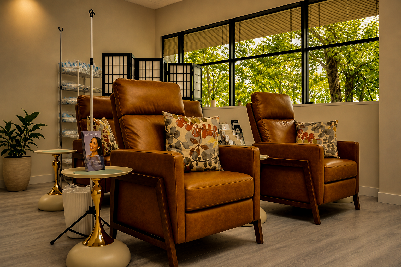 ARC Wellness IV therapy room with recliners, infusion poles, and windows overlooking greenery