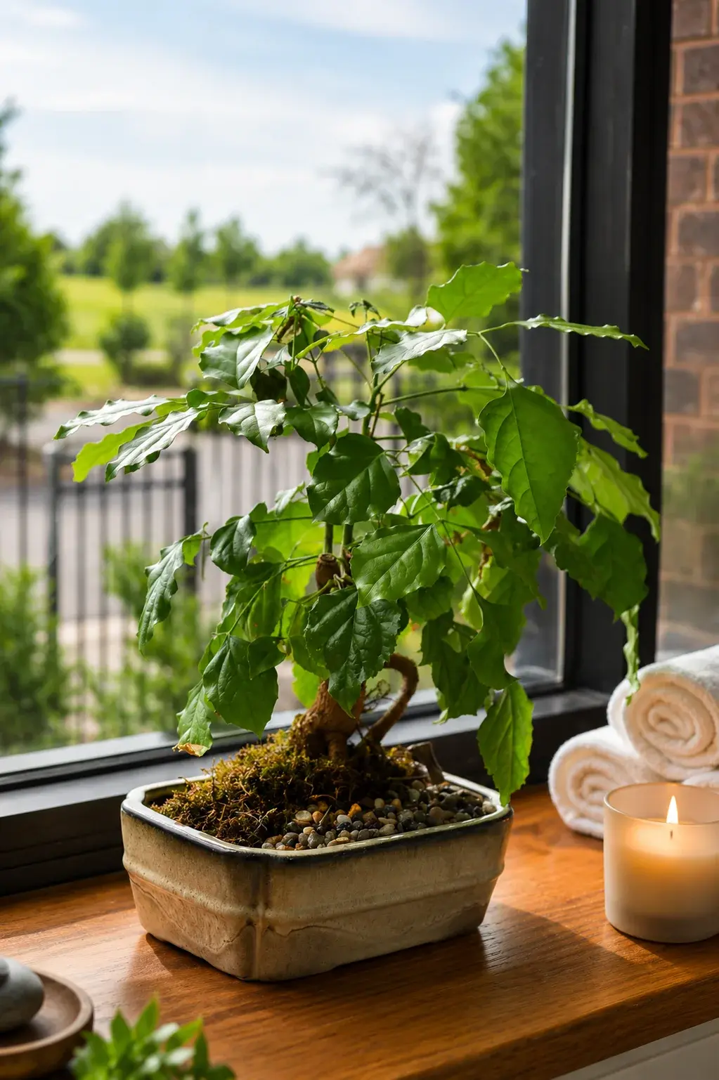 Bonsai plant on the clinic windowsill with rolled towels and candle