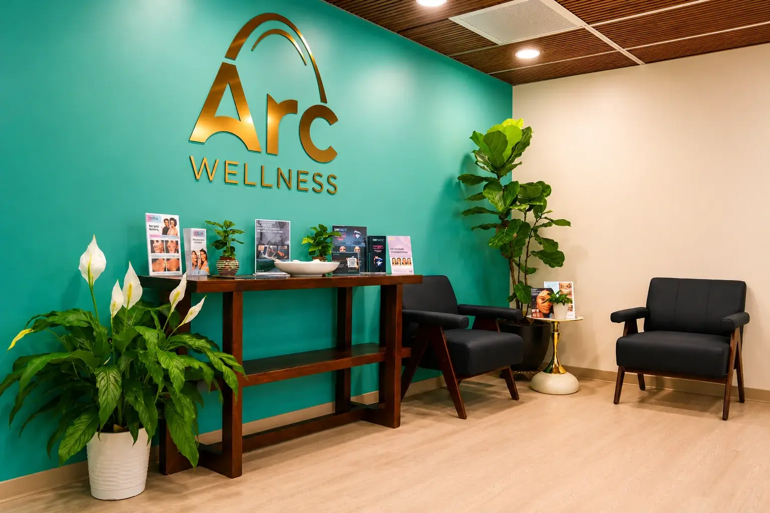 ARC Wellness reception with gold logo wall, console, and seating area