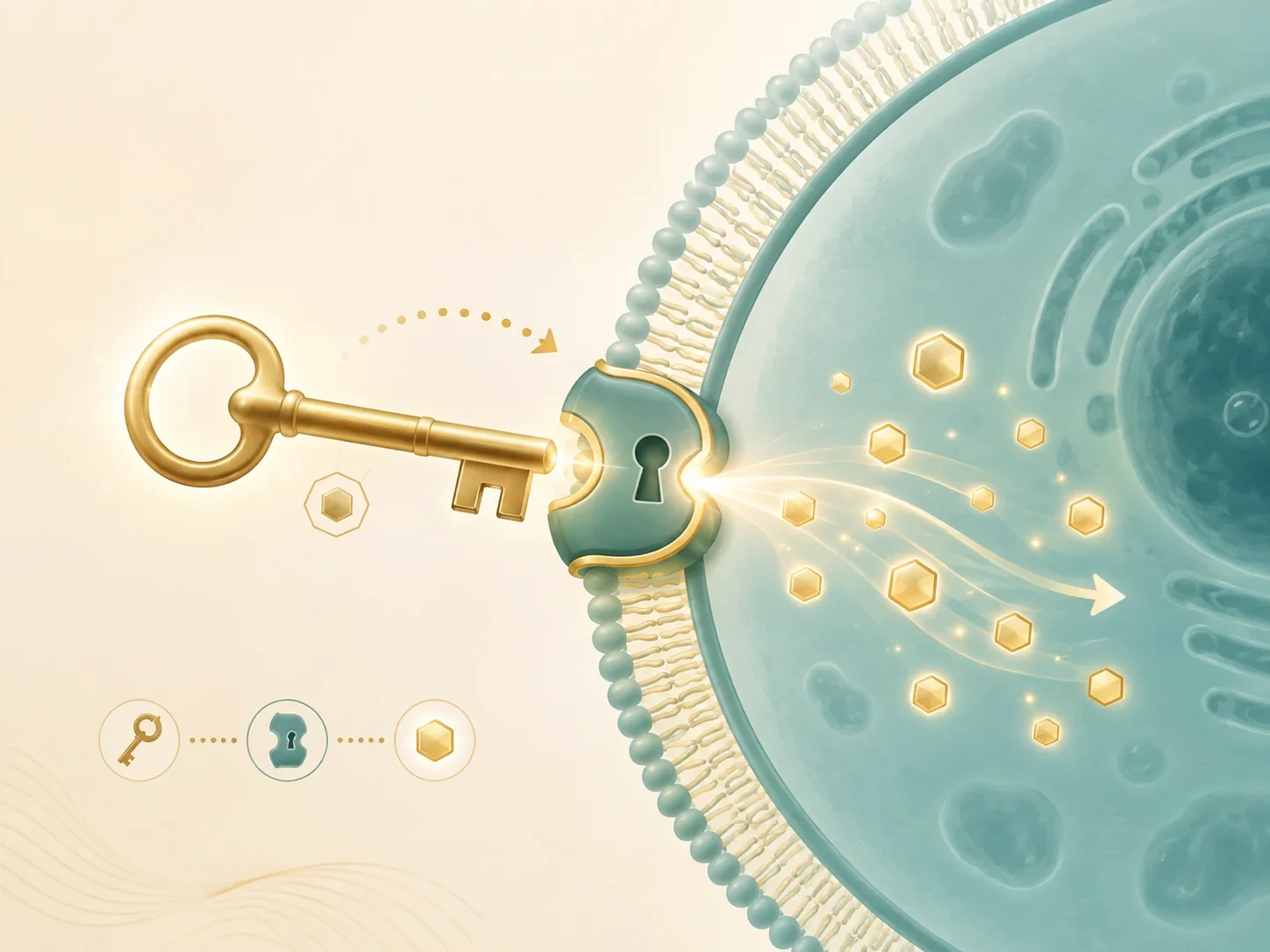 Illustration of insulin as a golden key unlocking a cell so glucose can enter