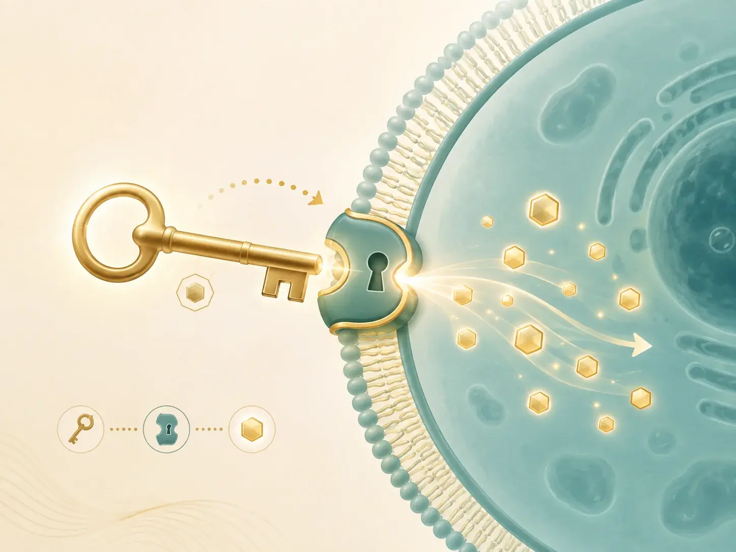Illustration of insulin as a golden key unlocking a cell so glucose can enter