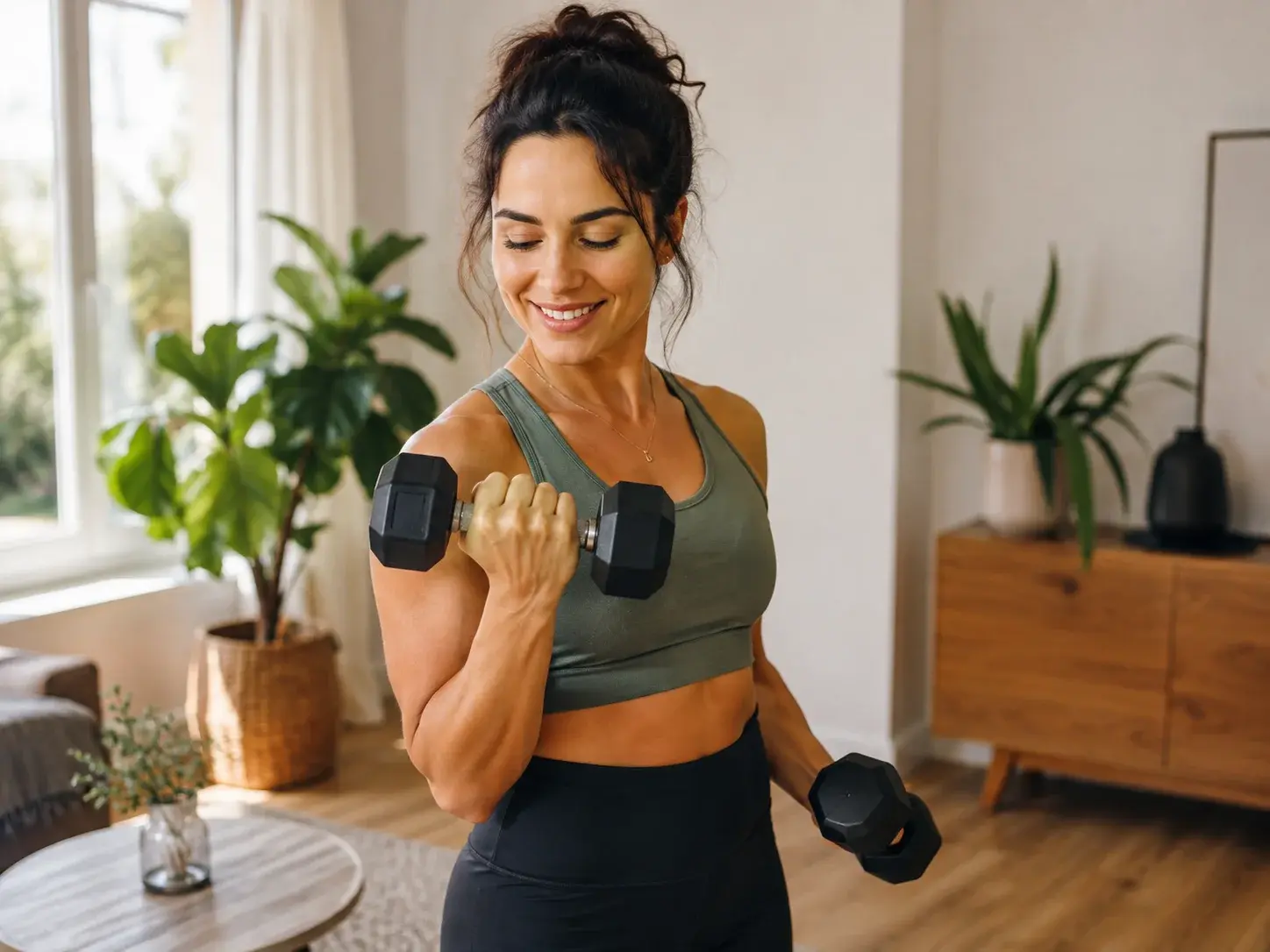 Woman strength training at home with dumbbells